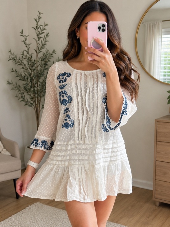 Free People Tops - Free People Jocelyn Navy Blue Embroidered Ivory Swiss Dot Mesh XS